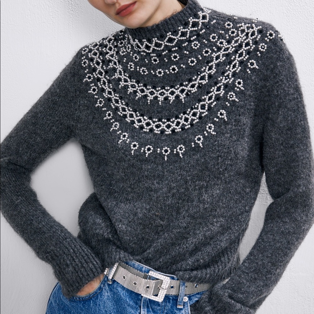 Charcoal Mock Neck Sweater with White Nordic Yoke